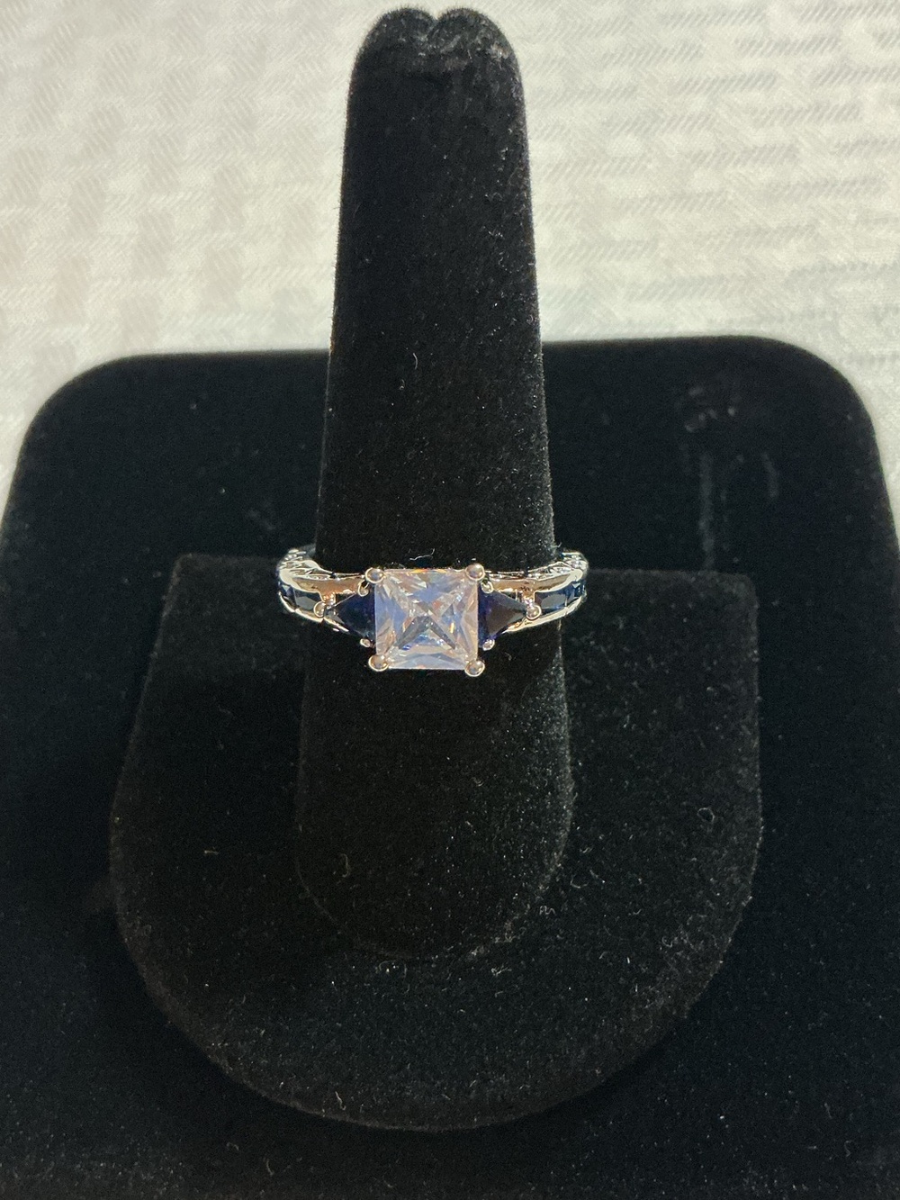 Blue Sapphire Princess Cut Cubic Zirconia Engagement Silver Tone Ring